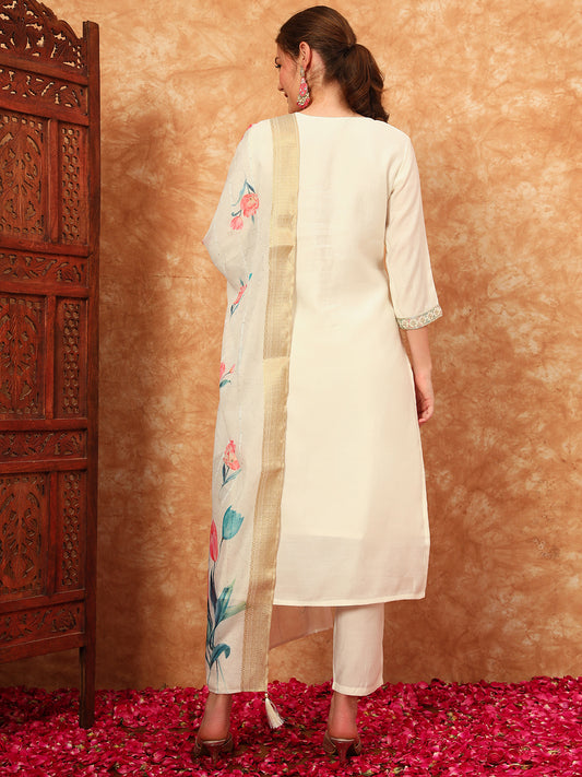 Women's Embroidered Silk Kurta, Pyjama & Dupatta Set