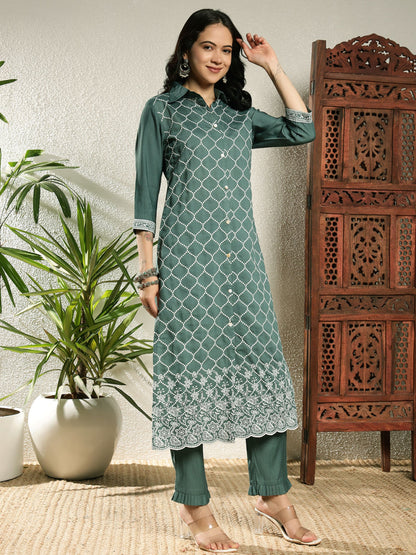 Aqua Green Checkered Viscose Women's Kurta, Pyjama & Dupatta Set