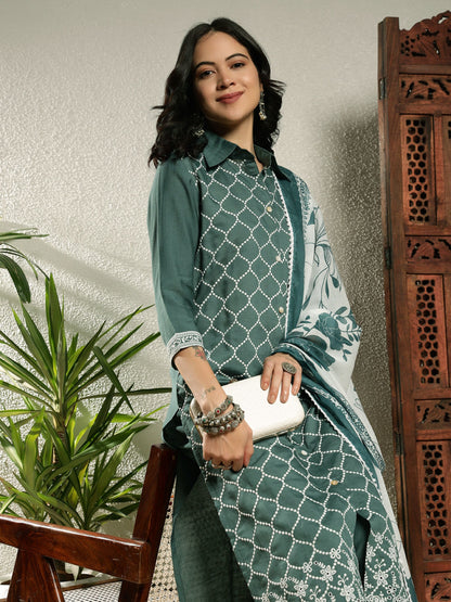 Aqua Green Checkered Viscose Women's Kurta, Pyjama & Dupatta Set