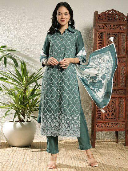 Aqua Green Checkered Viscose Women's Kurta, Pyjama & Dupatta Set