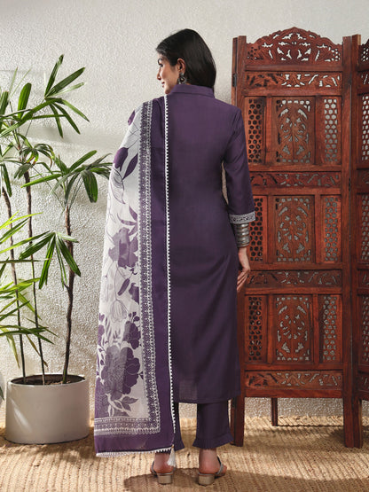 Deep Purple Checkered Viscose Women's Kurta, Pyjama & Dupatta Set