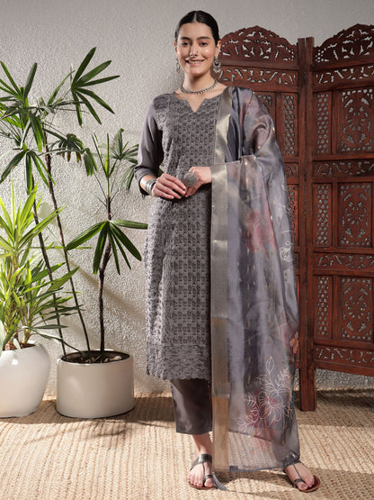 Fossil Grey Embroidered Silk Women's Kurta, Pyjama & Dupatta Set