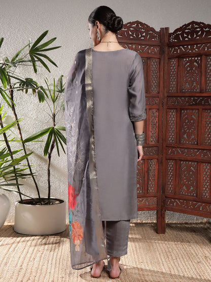 Fossil Grey Embroidered Silk Women's Kurta, Pyjama & Dupatta Set