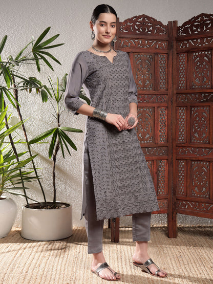 Fossil Grey Embroidered Silk Women's Kurta, Pyjama & Dupatta Set