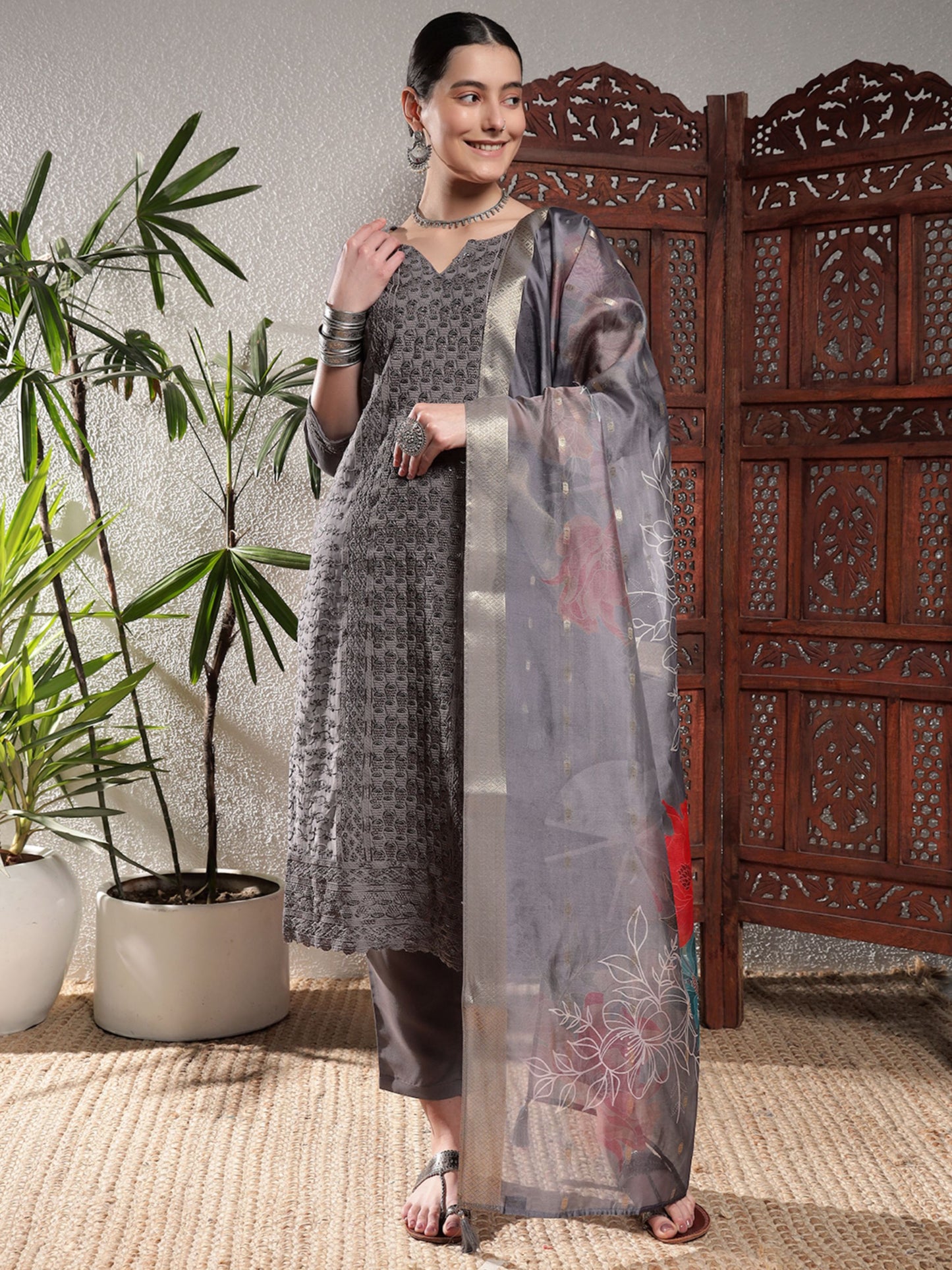 Fossil Grey Embroidered Silk Women's Kurta, Pyjama & Dupatta Set