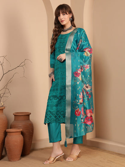 Dark Cyan Embroidered Viscose Women's Kurta, Pyjama & Dupatta Set