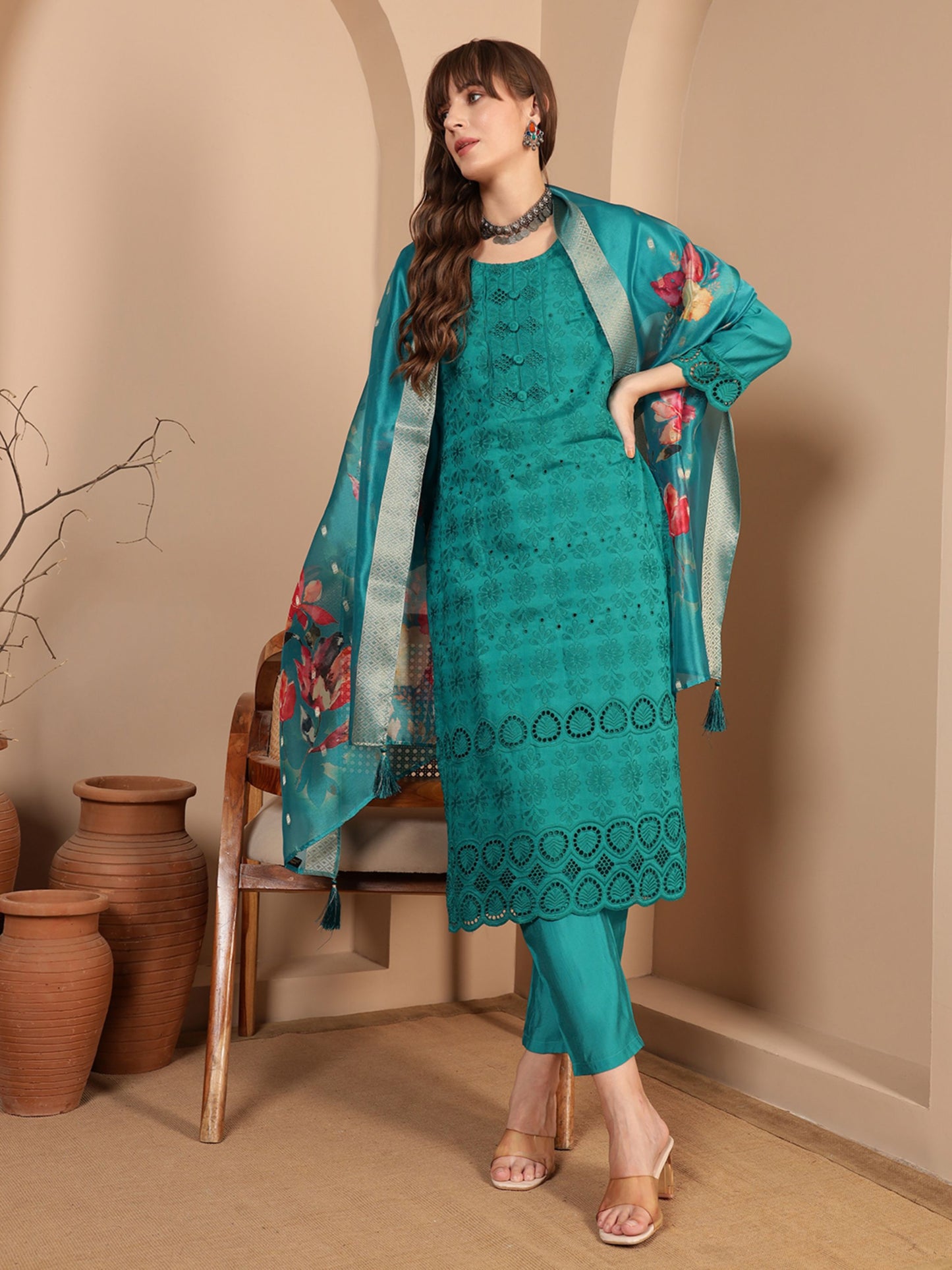 Dark Cyan Embroidered Viscose Women's Kurta, Pyjama & Dupatta Set
