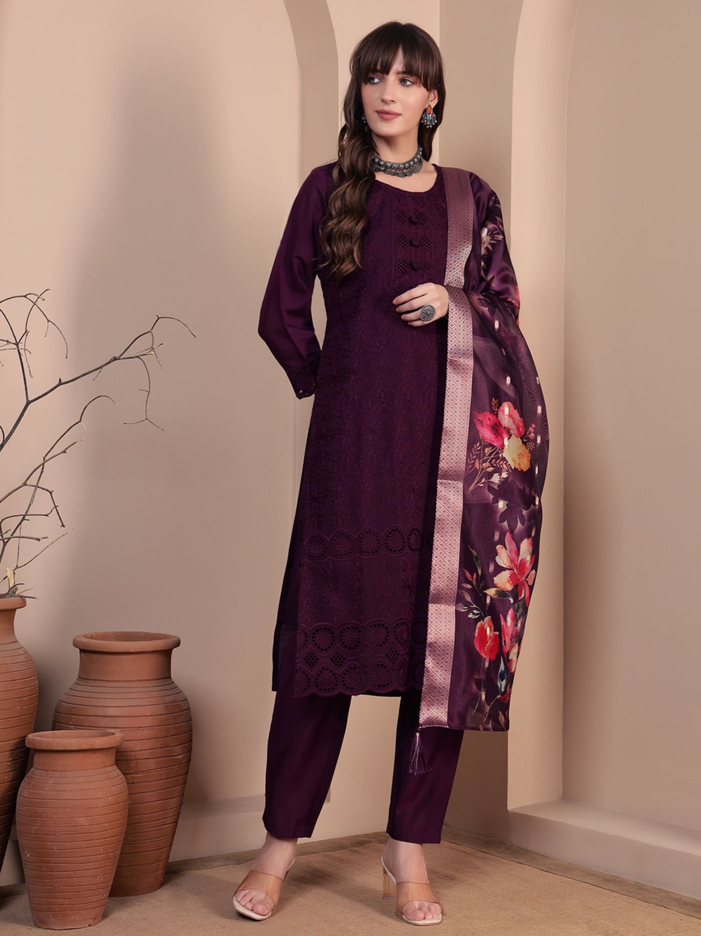 Wine Embroidered Viscose Women's Kurta, Pyjama & Dupatta Set