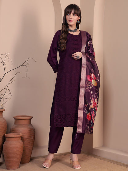 Wine Embroidered Viscose Women's Kurta, Pyjama & Dupatta Set