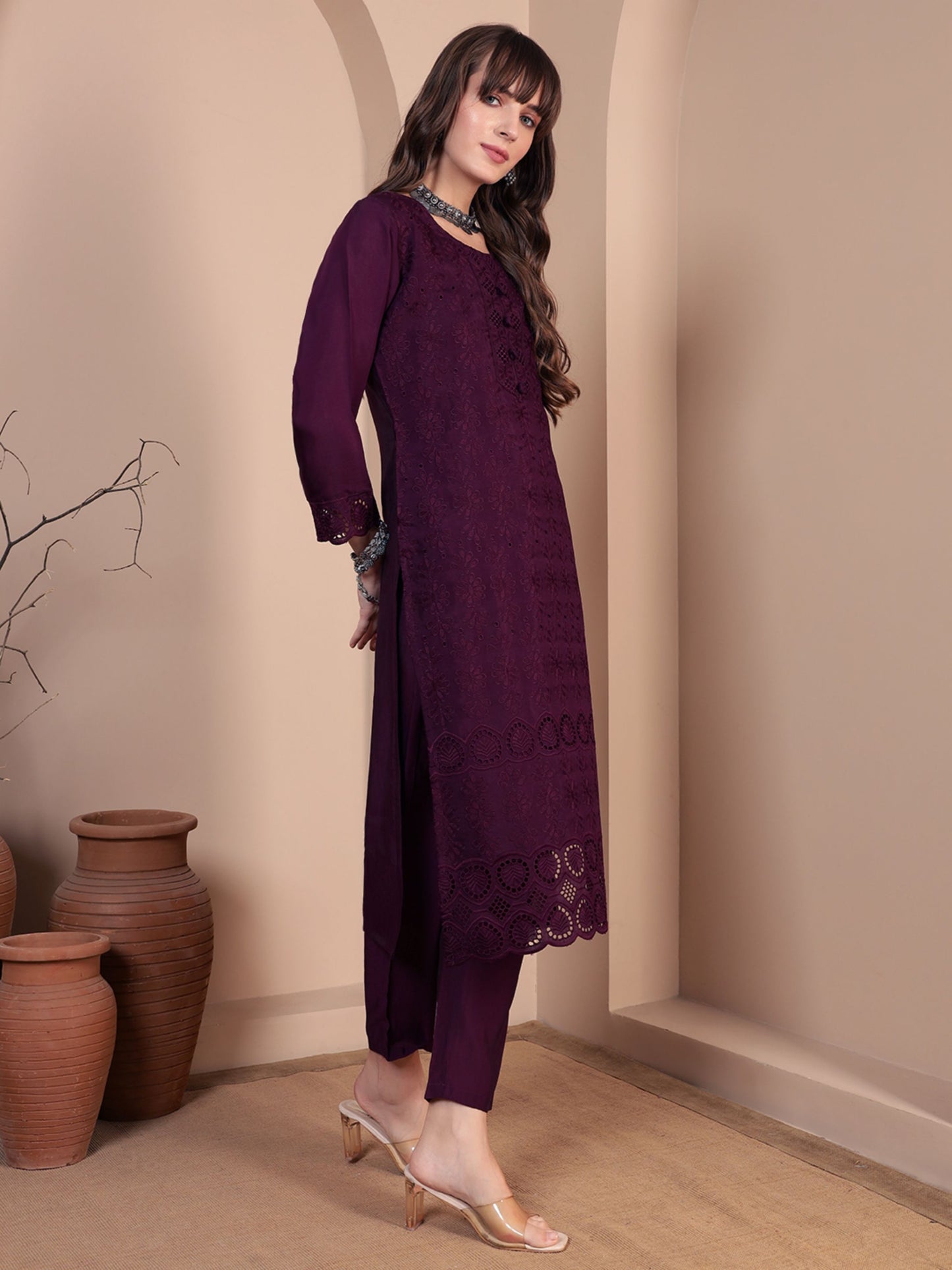 Wine Embroidered Viscose Women's Kurta, Pyjama & Dupatta Set