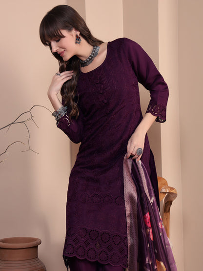 Wine Embroidered Viscose Women's Kurta, Pyjama & Dupatta Set