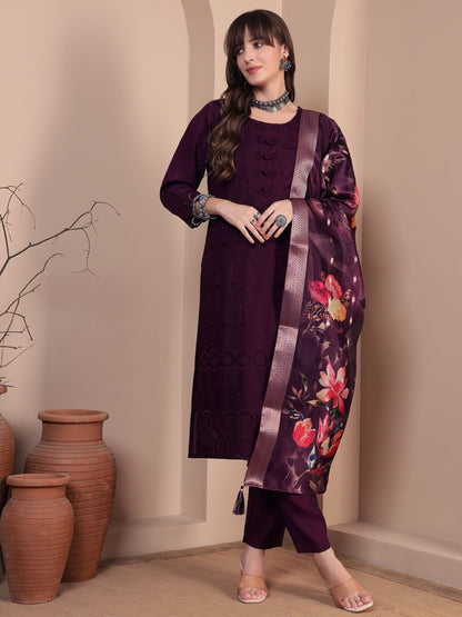 Wine Embroidered Viscose Women's Kurta, Pyjama & Dupatta Set