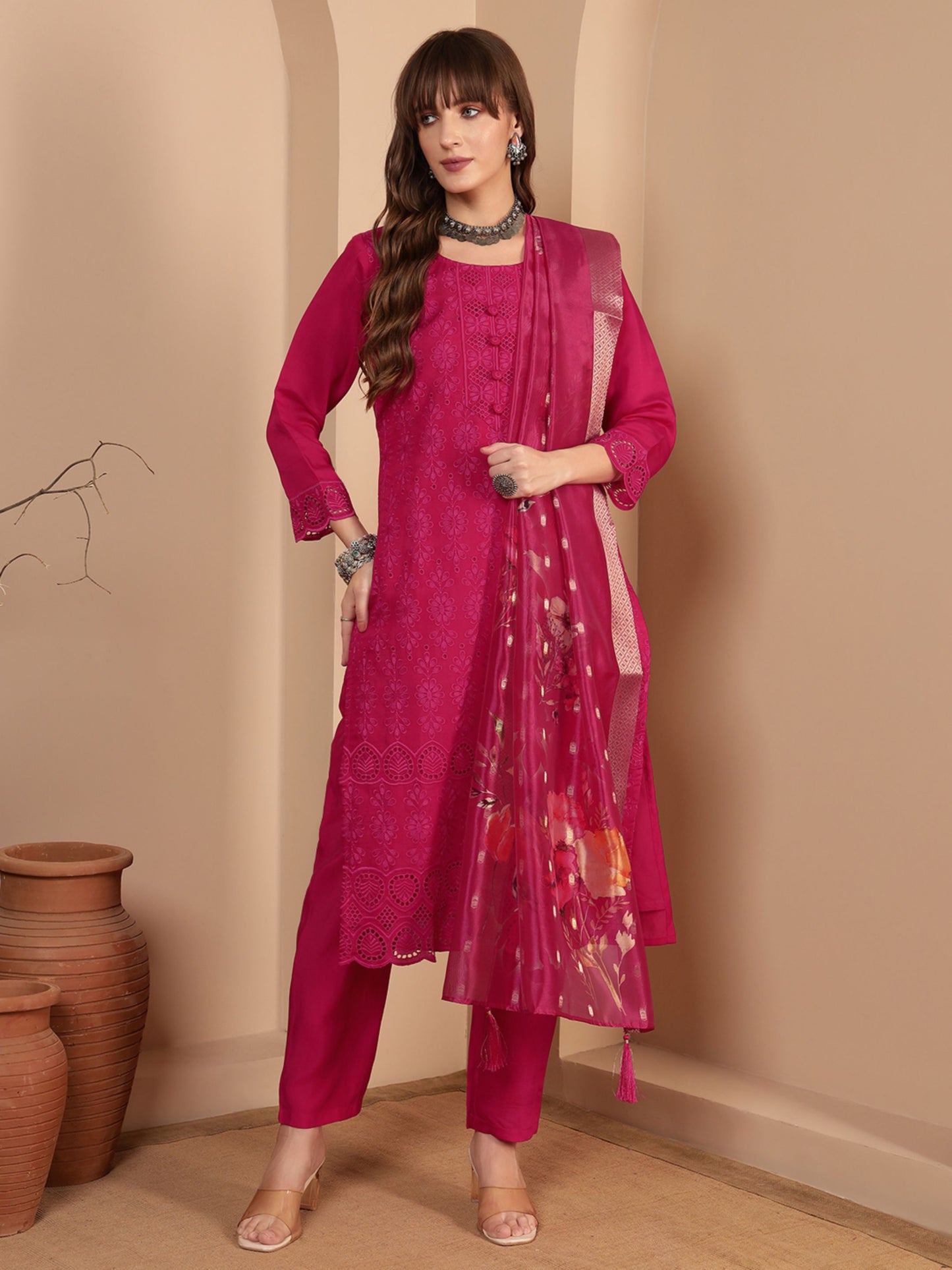 Dark Pink Embroidered Viscose Women's Kurta, Pyjama & Dupatta Set