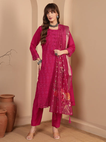 Dark Pink Embroidered Viscose Women's Kurta, Pyjama & Dupatta Set