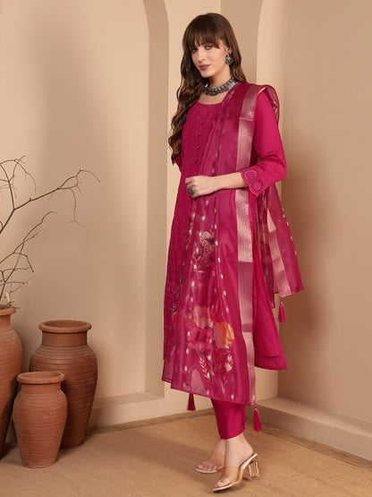 Dark Pink Embroidered Viscose Women's Kurta, Pyjama & Dupatta Set