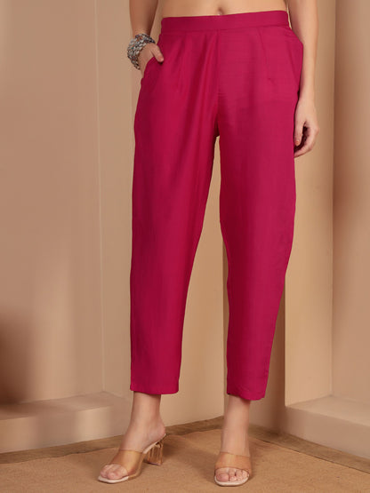 Dark Pink Embroidered Viscose Women's Kurta, Pyjama & Dupatta Set