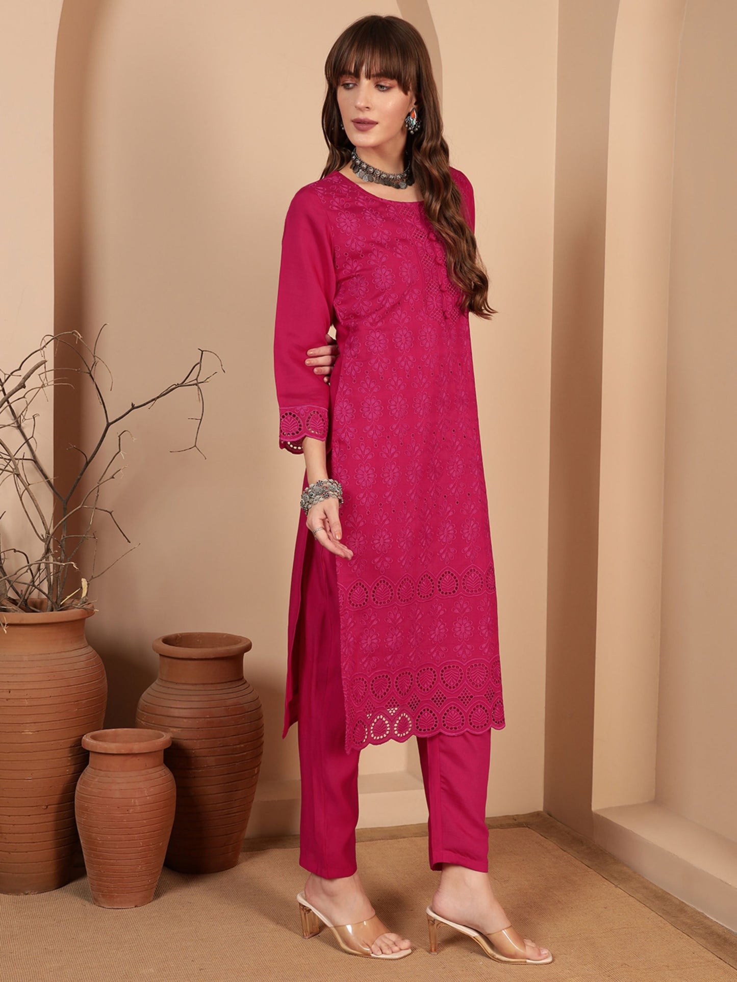 Dark Pink Embroidered Viscose Women's Kurta, Pyjama & Dupatta Set