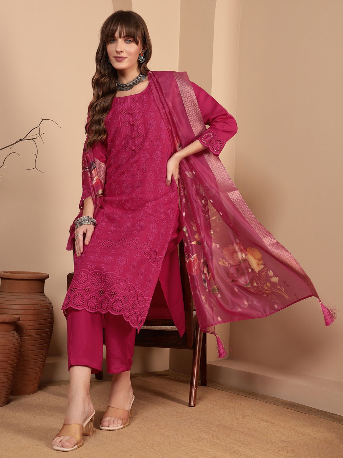 Dark Pink Embroidered Viscose Women's Kurta, Pyjama & Dupatta Set