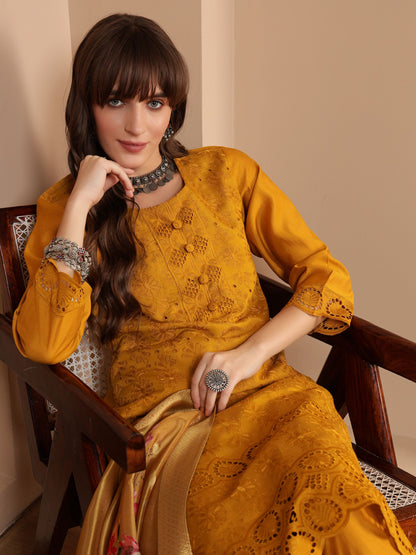 Gold Yellow Embroidered Viscose Women's Kurta, Pyjama & Dupatta Set