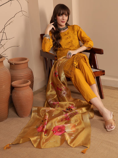 Gold Yellow Embroidered Viscose Women's Kurta, Pyjama & Dupatta Set