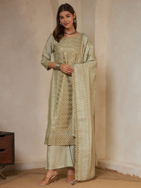 Olive Green Embroidered Silk Women's Kurta,Palazzo and Dupatta Set