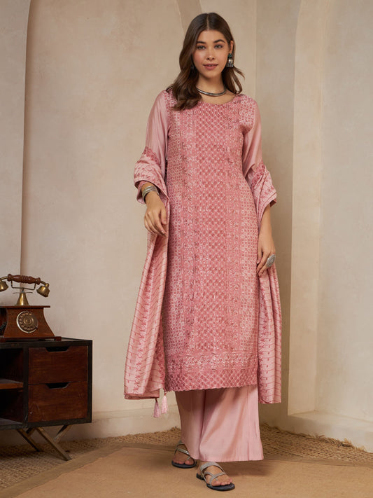 Pastel Peach Embroidered Silk Women's Kurta,Palazzo and Dupatta Set