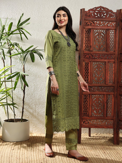 Olive Green Embroidered Viscose Women's Kurta, Pyjama & Dupatta Set