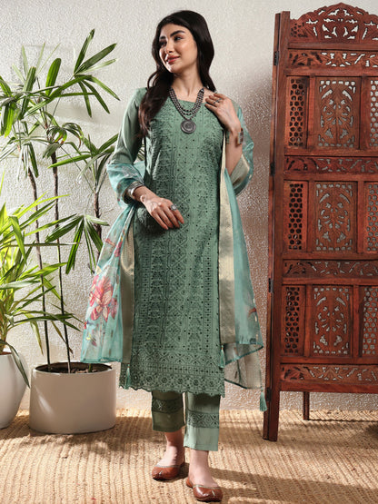 Viridian Blue Embroidered Viscose Women's Kurta, Pyjama & Dupatta Set