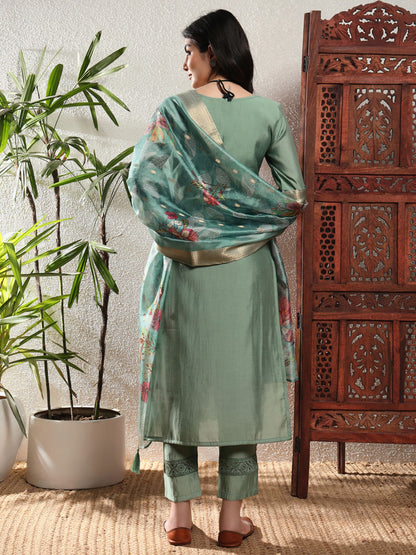 Viridian Blue Embroidered Viscose Women's Kurta, Pyjama & Dupatta Set