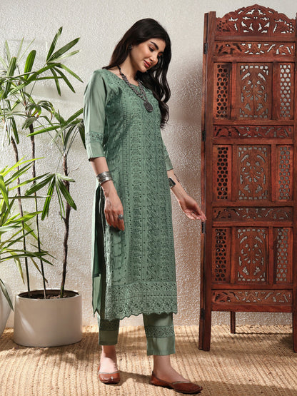 Viridian Blue Embroidered Viscose Women's Kurta, Pyjama & Dupatta Set