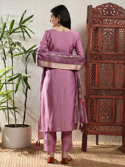 Light Purple Embroidered Viscose Women's Kurta, Pyjama & Dupatta Set
