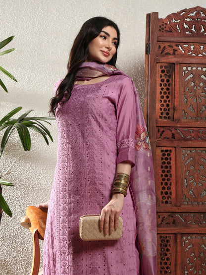 Light Purple Embroidered Viscose Women's Kurta, Pyjama & Dupatta Set