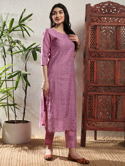 Light Purple Embroidered Viscose Women's Kurta, Pyjama & Dupatta Set