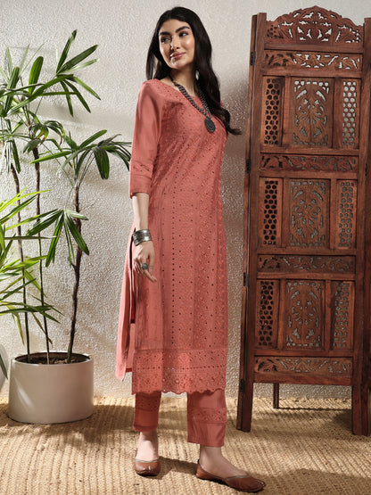 Salmon Orange Embroidered Viscose Women's Kurta, Pyjama & Dupatta Set