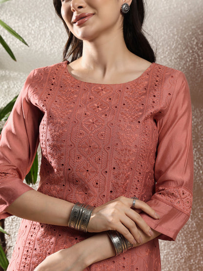 Salmon Orange Embroidered Viscose Women's Kurta, Pyjama & Dupatta Set