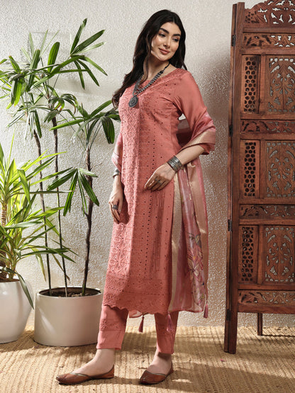 Salmon Orange Embroidered Viscose Women's Kurta, Pyjama & Dupatta Set