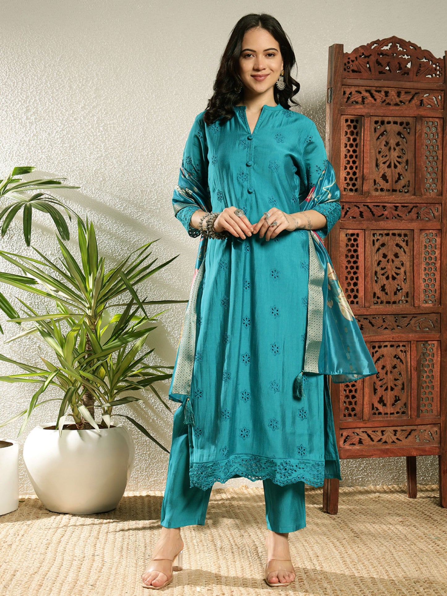 Dark Cyan Schiffily Viscose Women's Kurta, Pyjama & Dupatta Set
