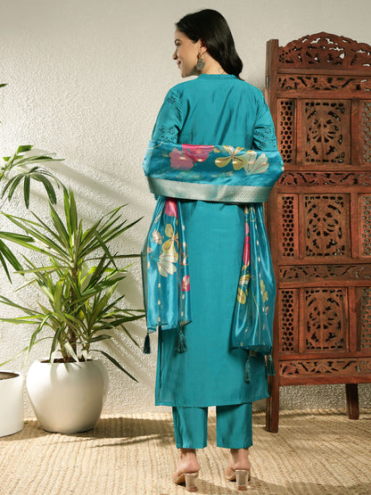 Dark Cyan Schiffily Viscose Women's Kurta, Pyjama & Dupatta Set