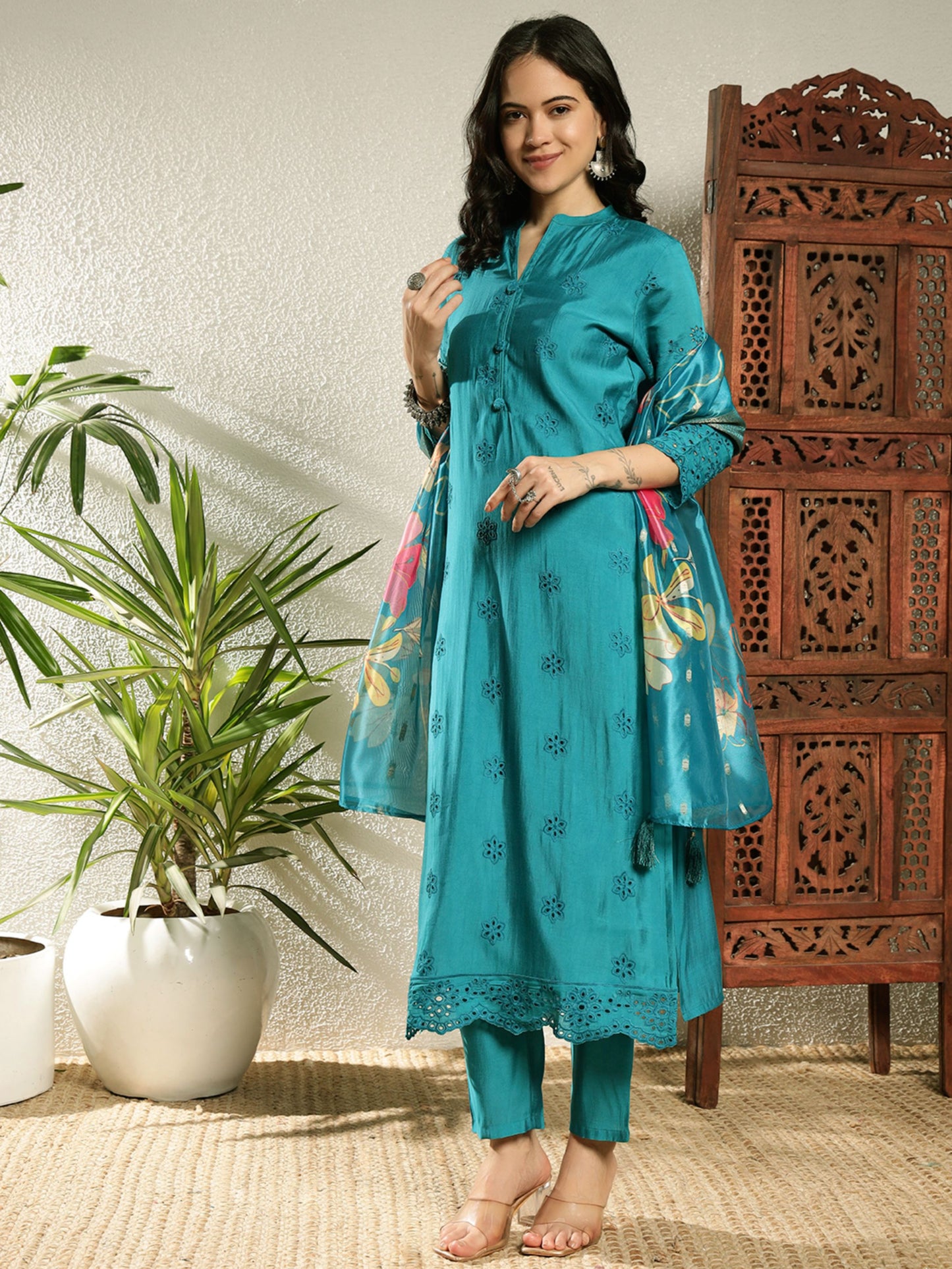 Dark Cyan Schiffily Viscose Women's Kurta, Pyjama & Dupatta Set