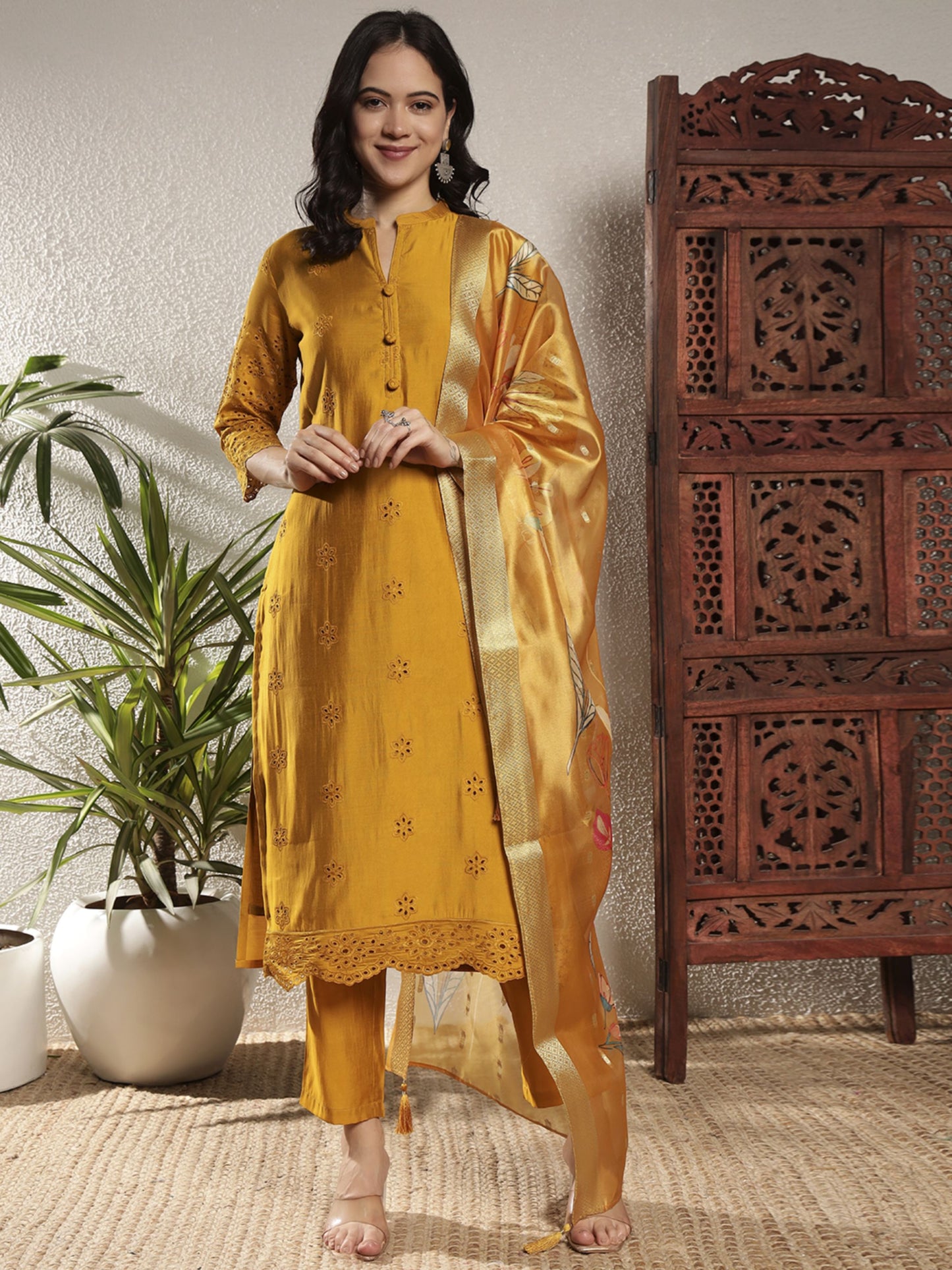 Mustard Schiffily Viscose Women's Kurta, Pyjama & Dupatta Set