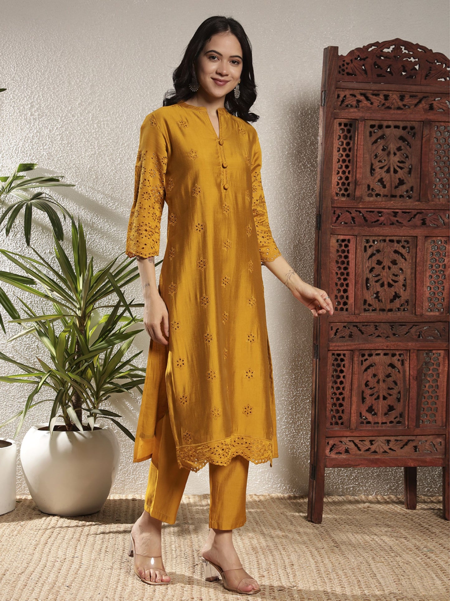 Mustard Schiffily Viscose Women's Kurta, Pyjama & Dupatta Set