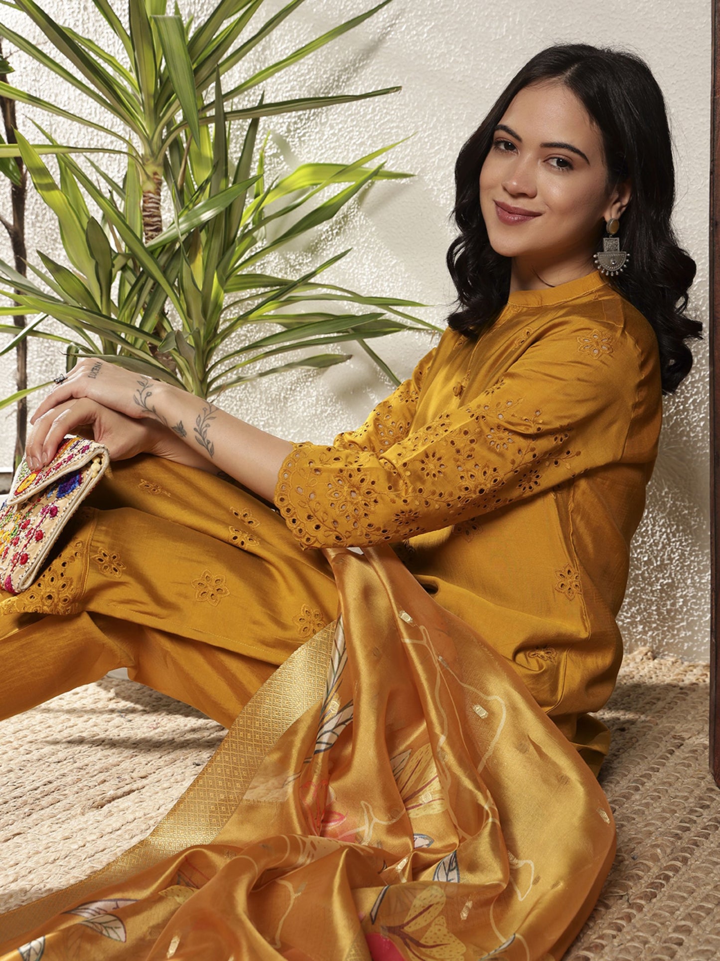 Mustard Schiffily Viscose Women's Kurta, Pyjama & Dupatta Set