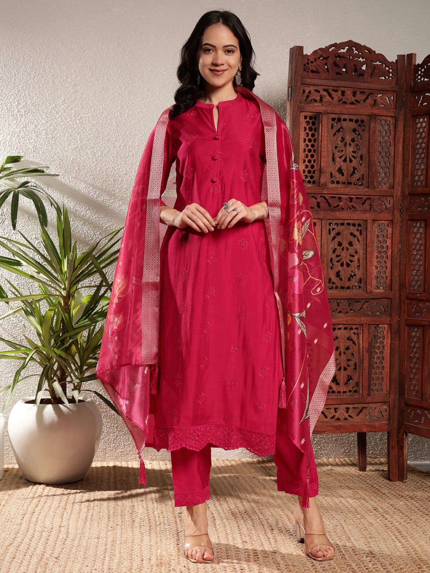 Raspberry Pink Schiffily Viscose Women's Kurta, Pyjama & Dupatta Set