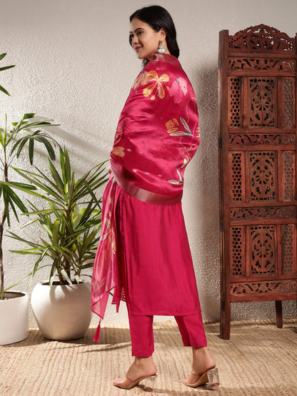 Raspberry Pink Schiffily Viscose Women's Kurta, Pyjama & Dupatta Set