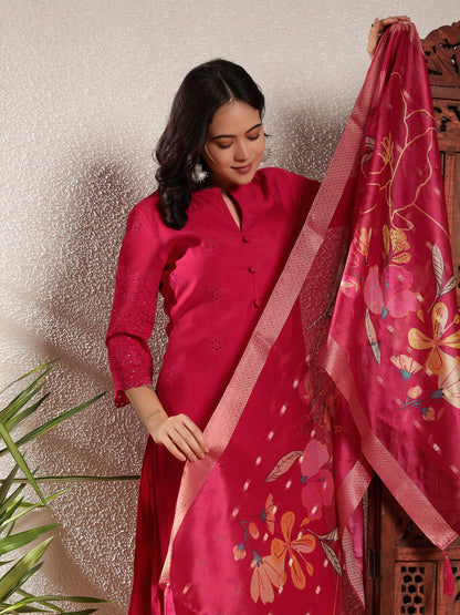 Raspberry Pink Schiffily Viscose Women's Kurta, Pyjama & Dupatta Set