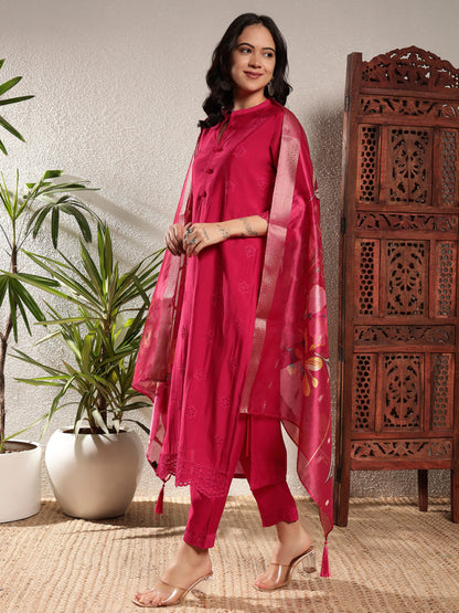 Raspberry Pink Schiffily Viscose Women's Kurta, Pyjama & Dupatta Set