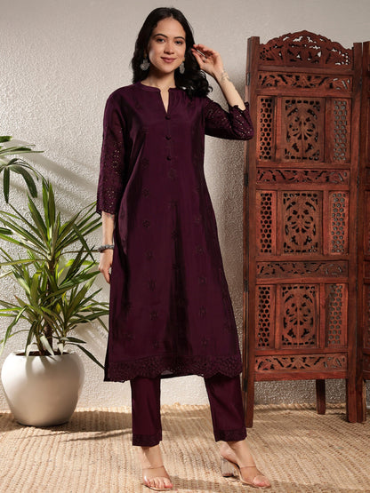 Wine Schiffily Viscose Women's Kurta, Pyjama & Dupatta Set