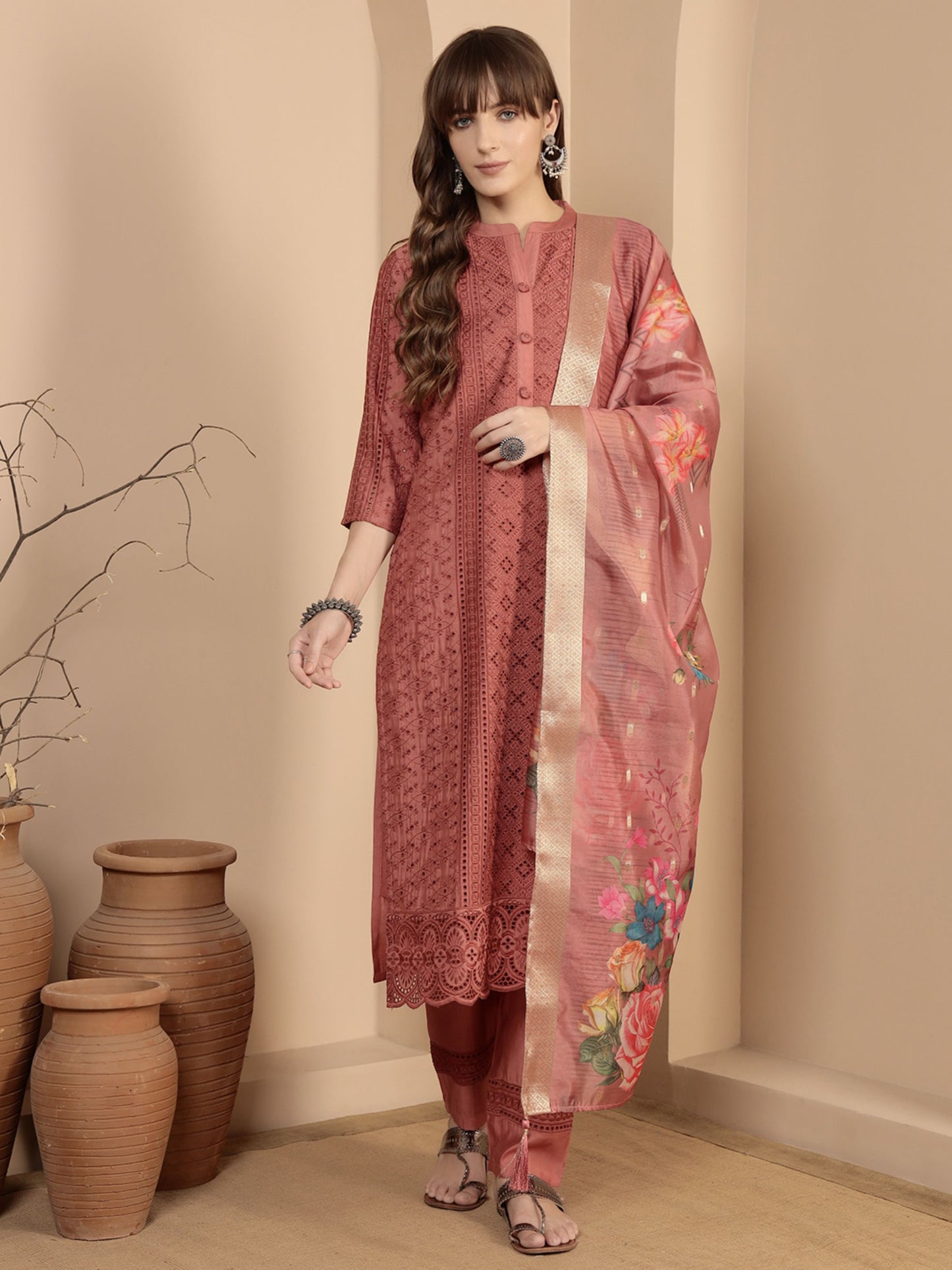 Peach Embroidered Viscose Women's Kurta, Pyjama & Dupatta Set