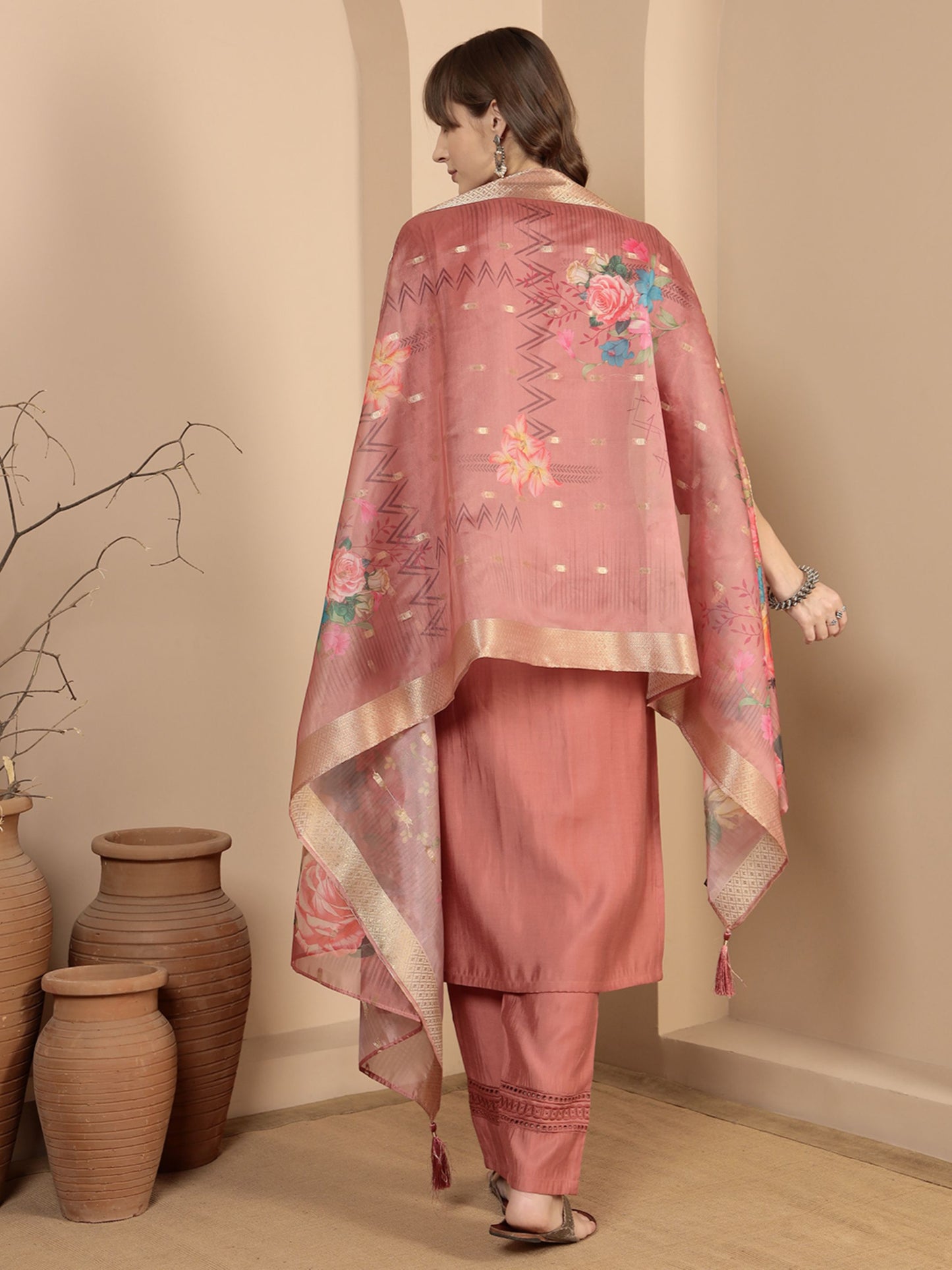 Peach Embroidered Viscose Women's Kurta, Pyjama & Dupatta Set