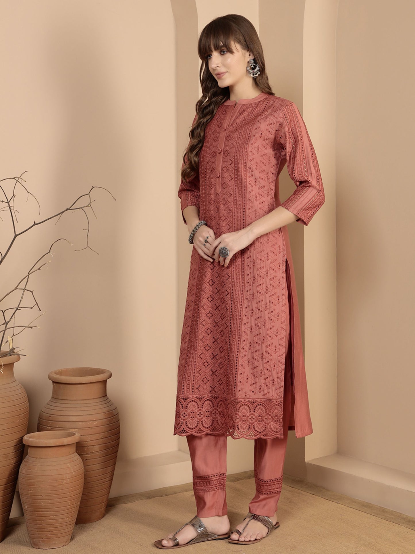 Peach Embroidered Viscose Women's Kurta, Pyjama & Dupatta Set